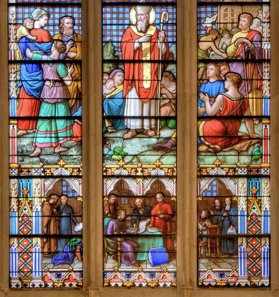 The Founders Window: a bishop blessing above, founders and benefactors in the register beneath.