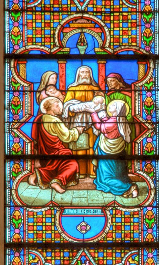 The Presentation in the Temple, with caged doves.