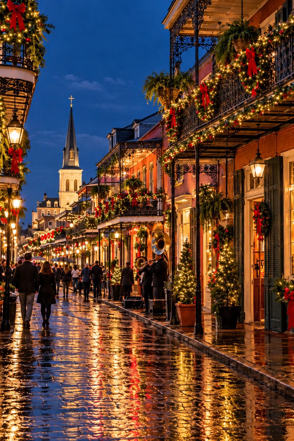 A French Quarter street at night dressed for Christmas, with garlands on iron balconies, a brass band and a church spire beyond