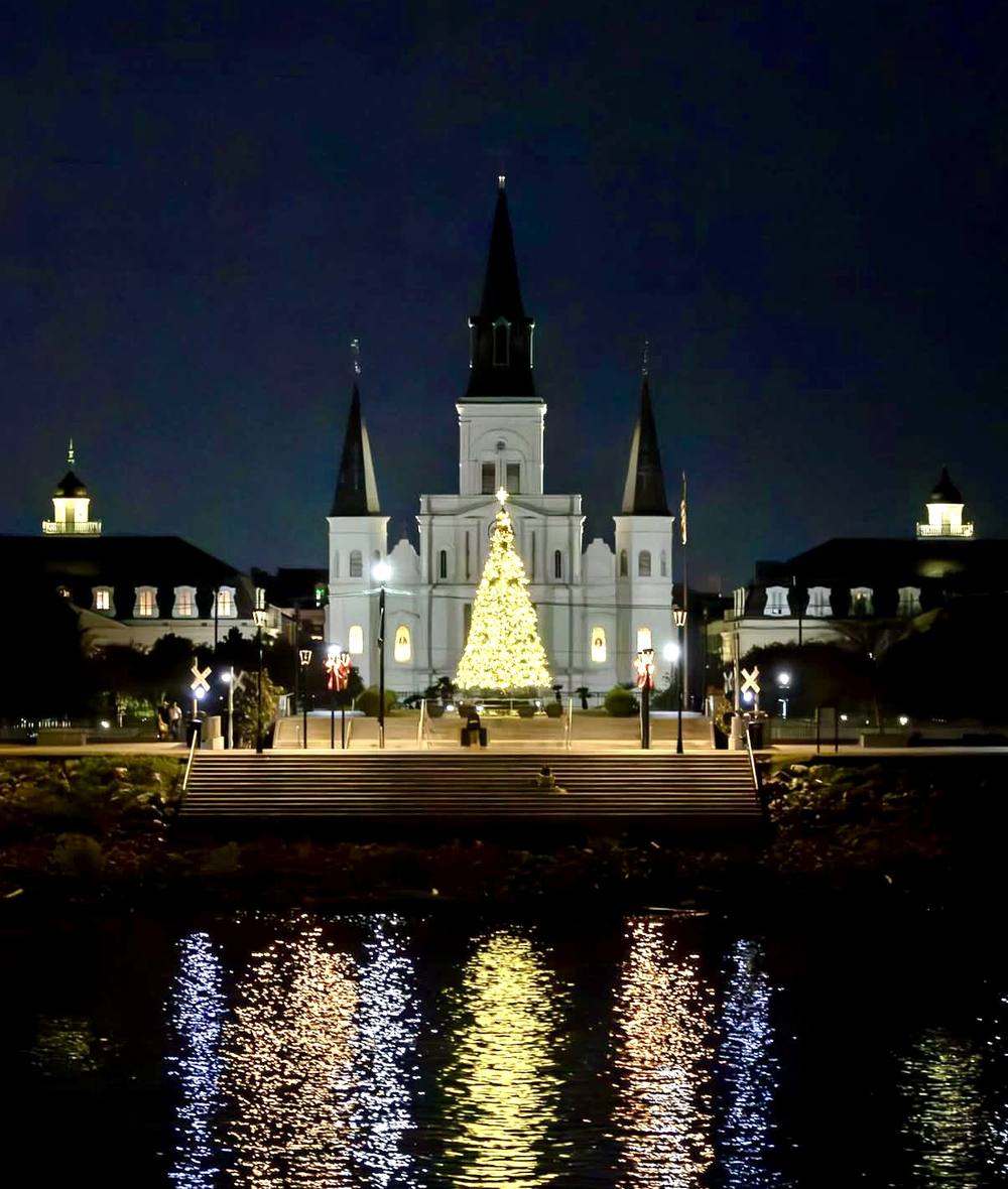 St. Louis Cathedral lit at night behind a Christmas tree, reflected in the water