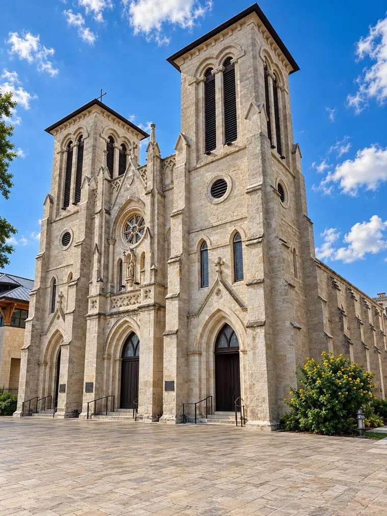 San Fernando Cathedral from Main Plaza: twin bell towers, three pointed portals and a rose window in pale limestone under a blue sky.