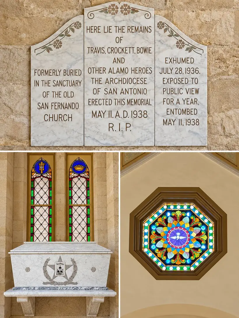 Marble memorial tablets naming Travis, Crockett and Bowie, a carved marble sarcophagus beneath two stained glass lancets, and an octagonal stained glass window with a dove at its center.