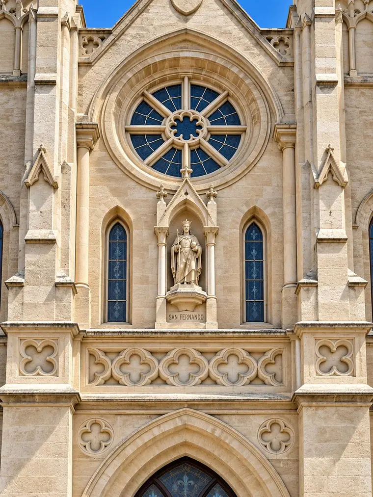 The upper front of San Fernando Cathedral: a rose window above a canopied niche holding a crowned statue labelled SAN FERNANDO.