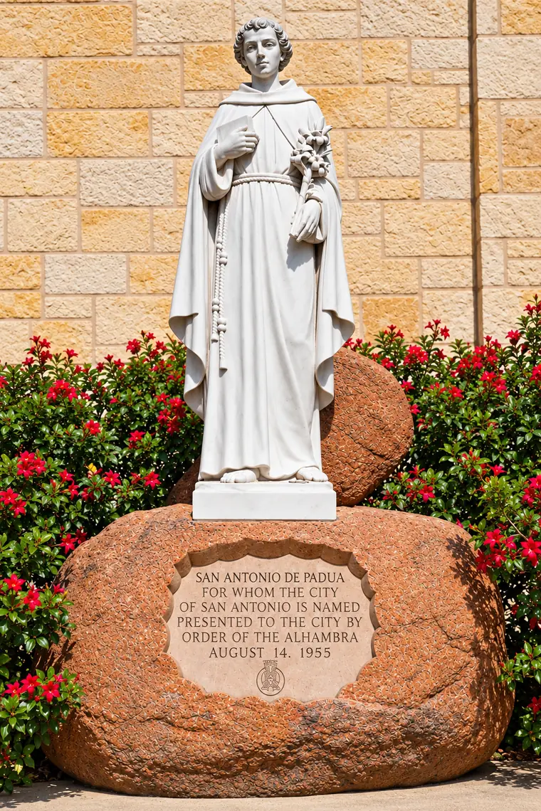 A white marble statue of Saint Anthony of Padua holding a book and lilies, standing on a red granite boulder with a carved plaque, against the limestone wall of the Cathedral.