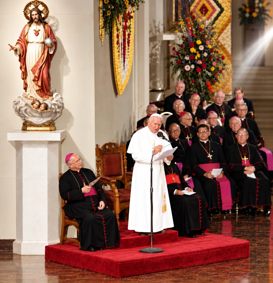 Pope John Paul II reading from a sheet of paper at a microphone on a red dais inside San Fernando Cathedral in 1987, ranks of bishops seated behind him, a bishop seated at left beneath a statue of the Sacred Heart, and the heads of the congregation in the foreground.